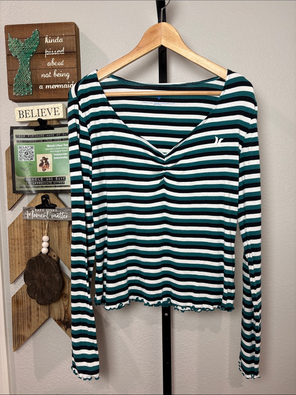 Hurley Women's Long Sleeve Striped V-Neck Top in Teal/White/Black cotton